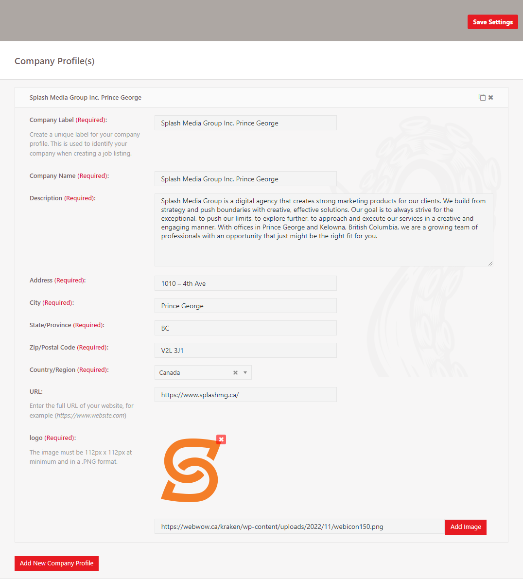 Company Profile settings screen