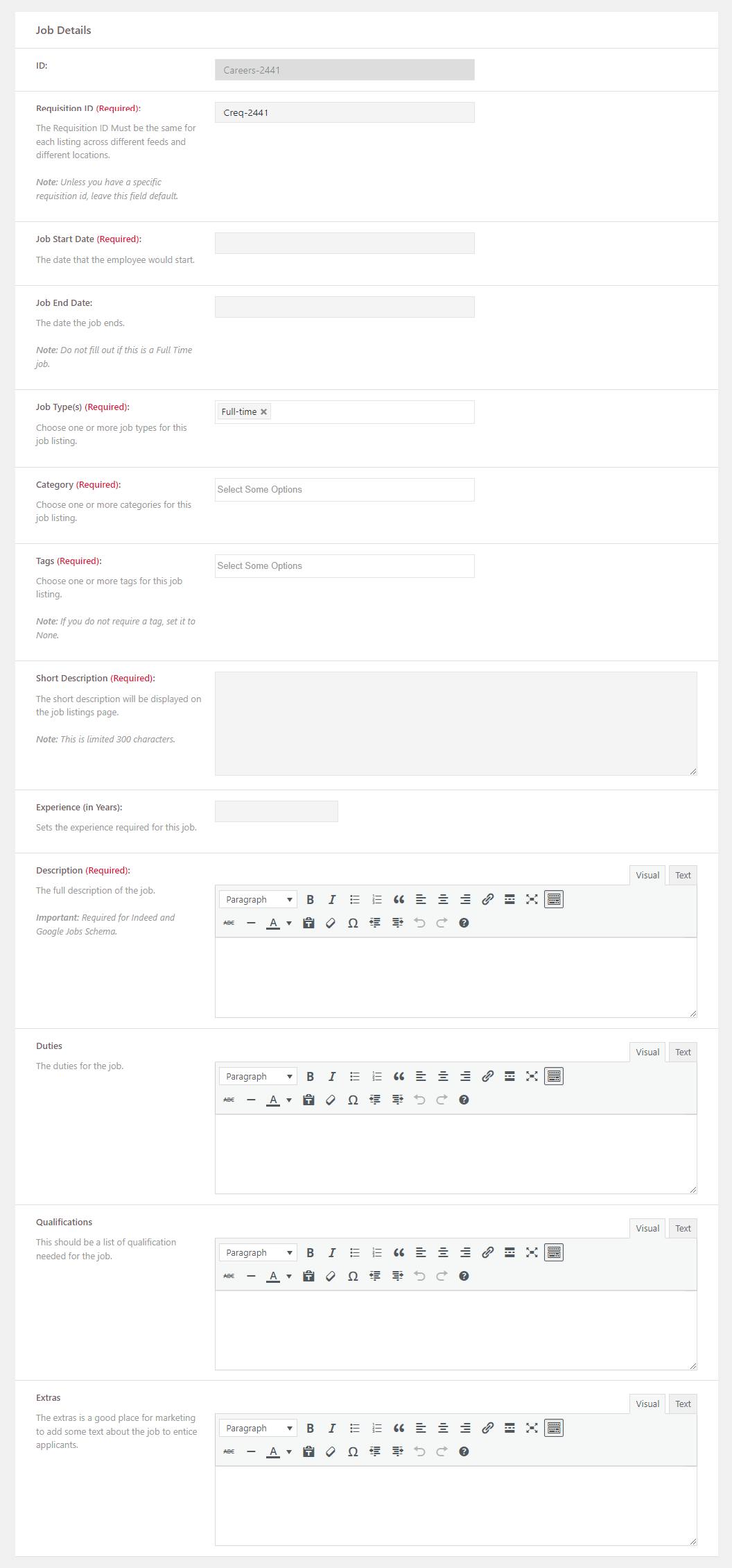 Job Details settings