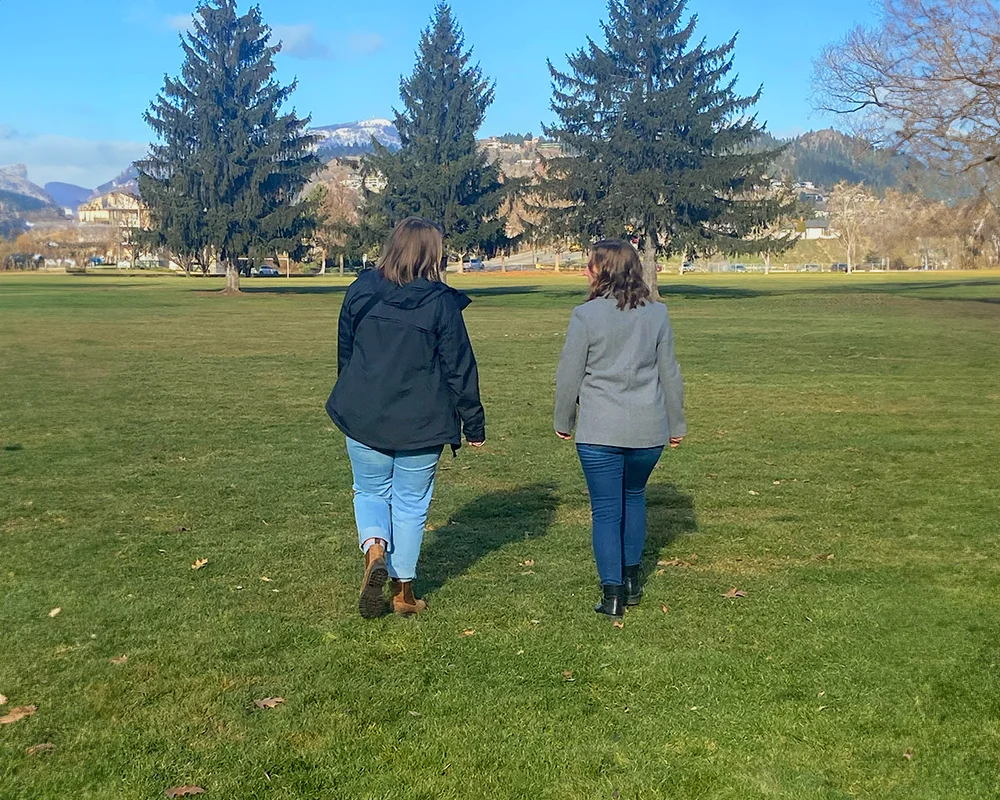 Christine walking with a British Columbia Schizophrenia Society volunteer